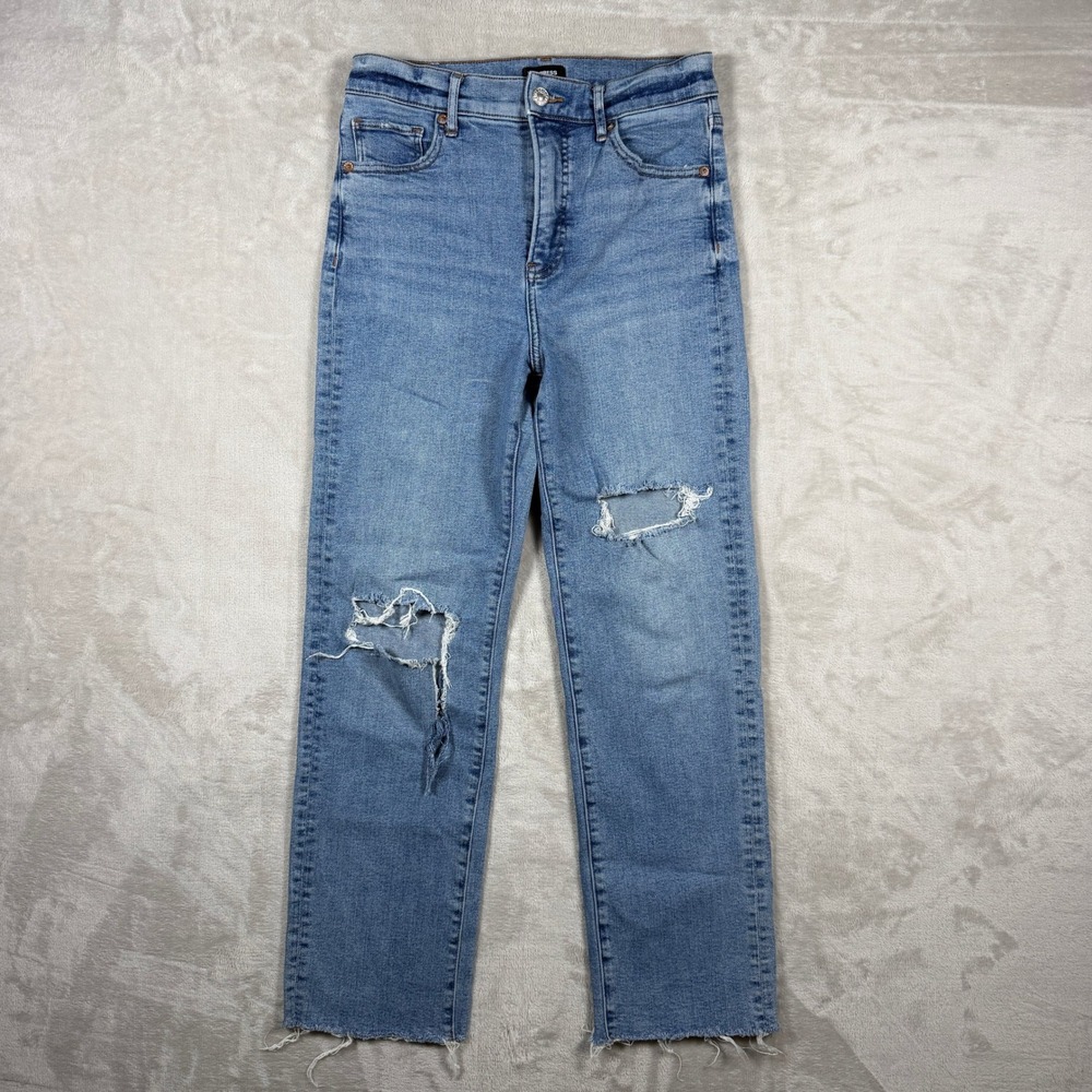Express Modern Straight Jeans Womens 2 Short Super High Rise Light Wash Ripped
